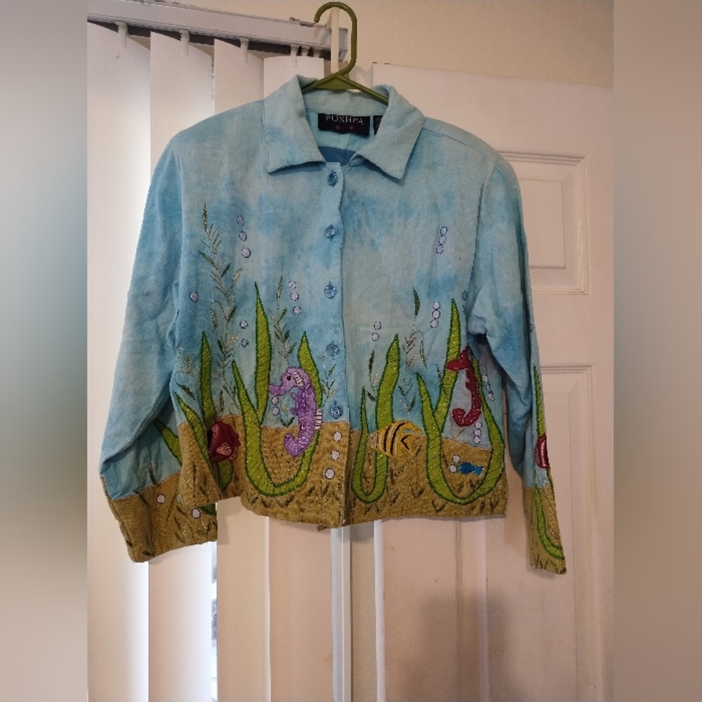 Pushpa Blue Sea Life Embroidered Jacket 100% Cotton Size Small Jeweled Buttons